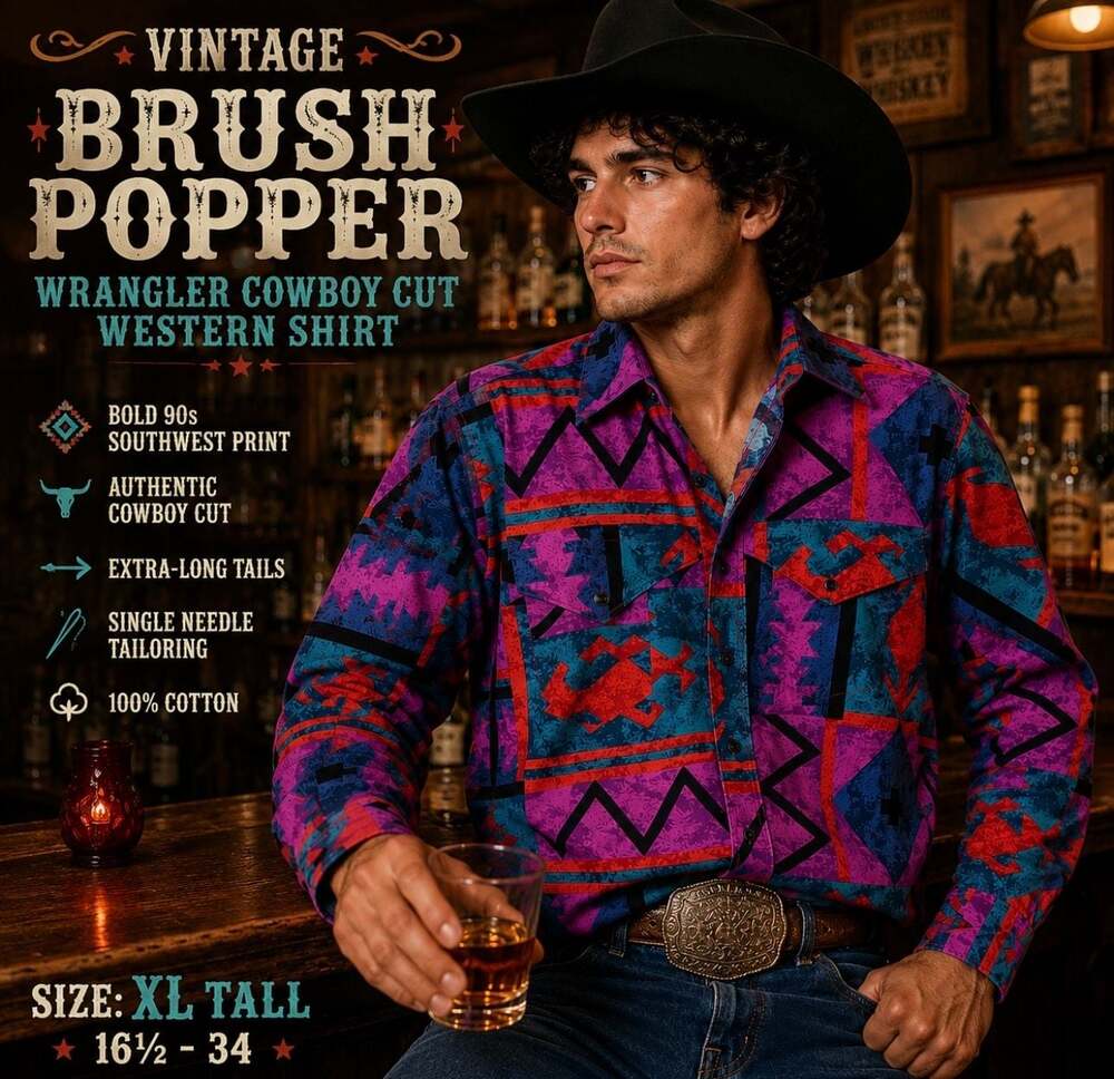 Vintage 90s Wrangler Brushpopper Aztec Bright Print Western Shirt 16.5-34 XLTall